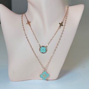 Elegant Floral Design Gold and Blue Enamel Layered Necklace